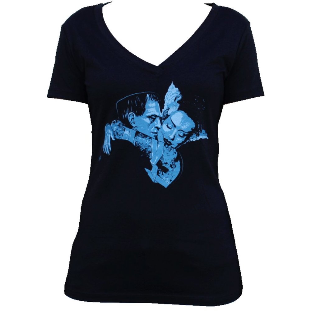 Undying Love Frankenstein & Bride Black V-neck Tee S-M-L-XL-2XL NWT
